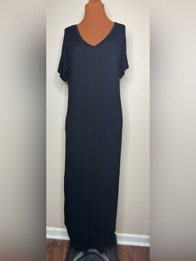 Huskary Classic Black V-Neck Maxi Dress Side Slits Size XL